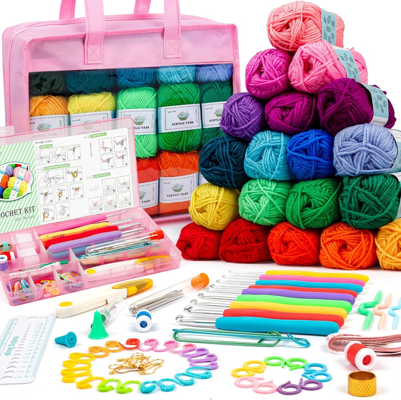 Crochet Yarn Kit for Beginners Adults and Kids, Includes 1650 Yards 30 Colors Acrylic Skeins, User Manual, Hooks, Pink Bag etc, Make Amigurumi & Crocheting Projects